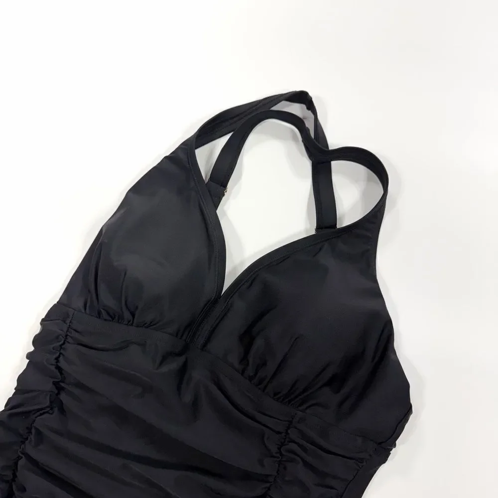 Black Halter One-Piece Swimsuit with ruched waist L